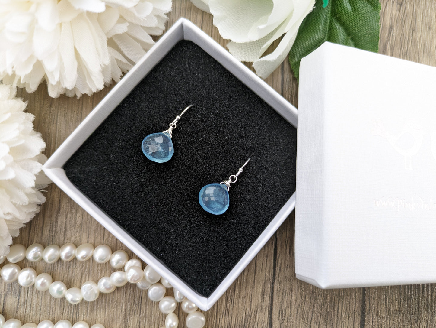 Aquamarine drop earrings. March birthstone earrings.