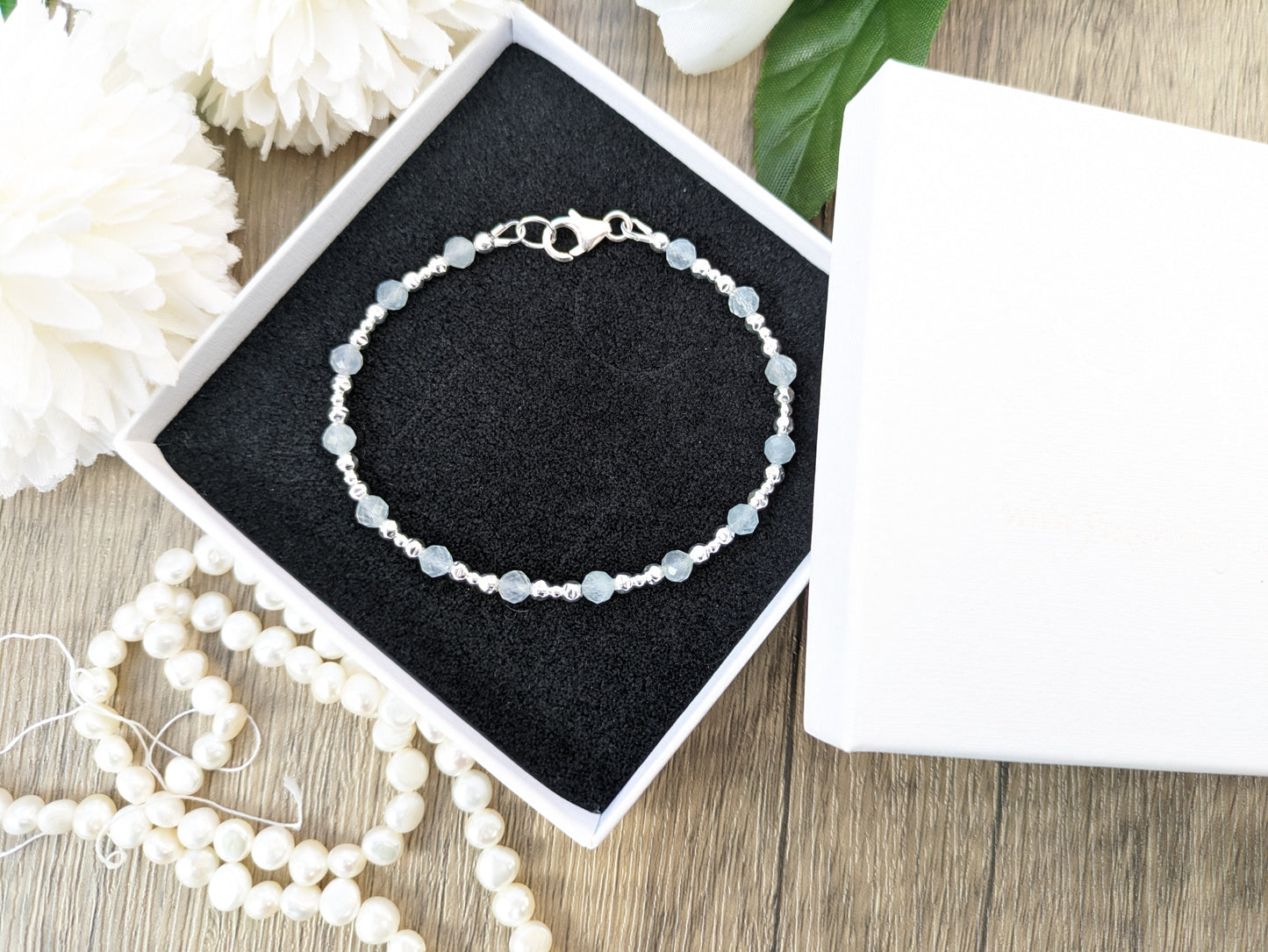 Personalised aquamarine bracelet in silver.