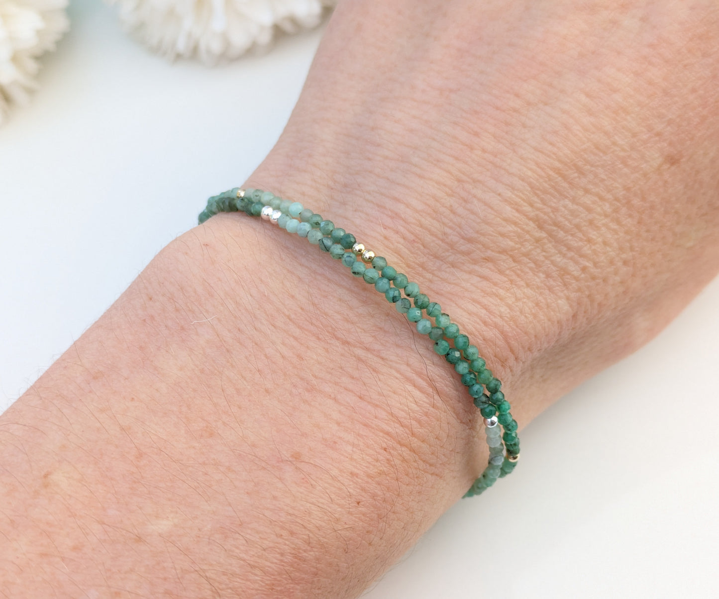 Skinny emerald bracelet in silver or gold.