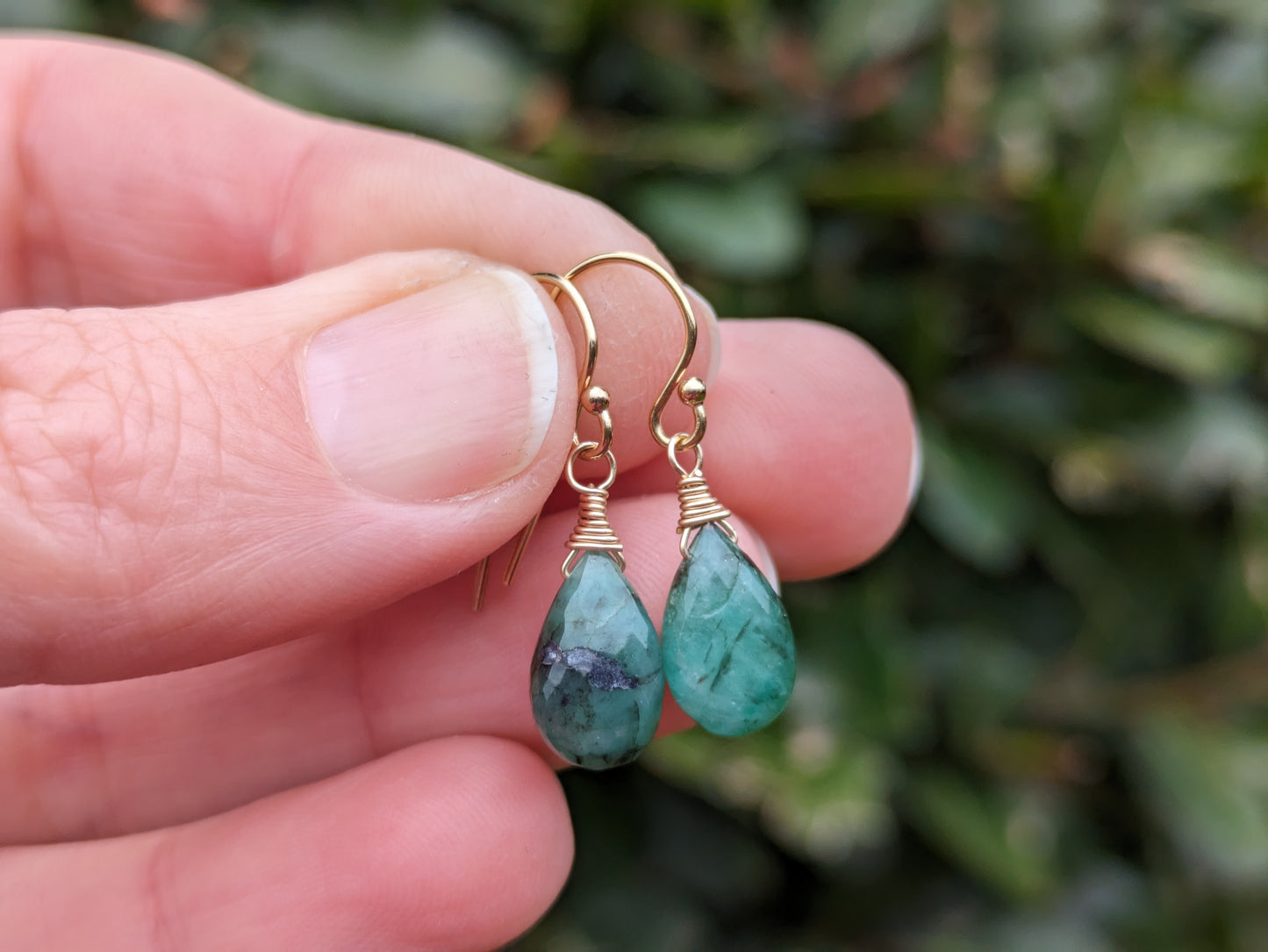 Emerald drop earrings in silver or gold.