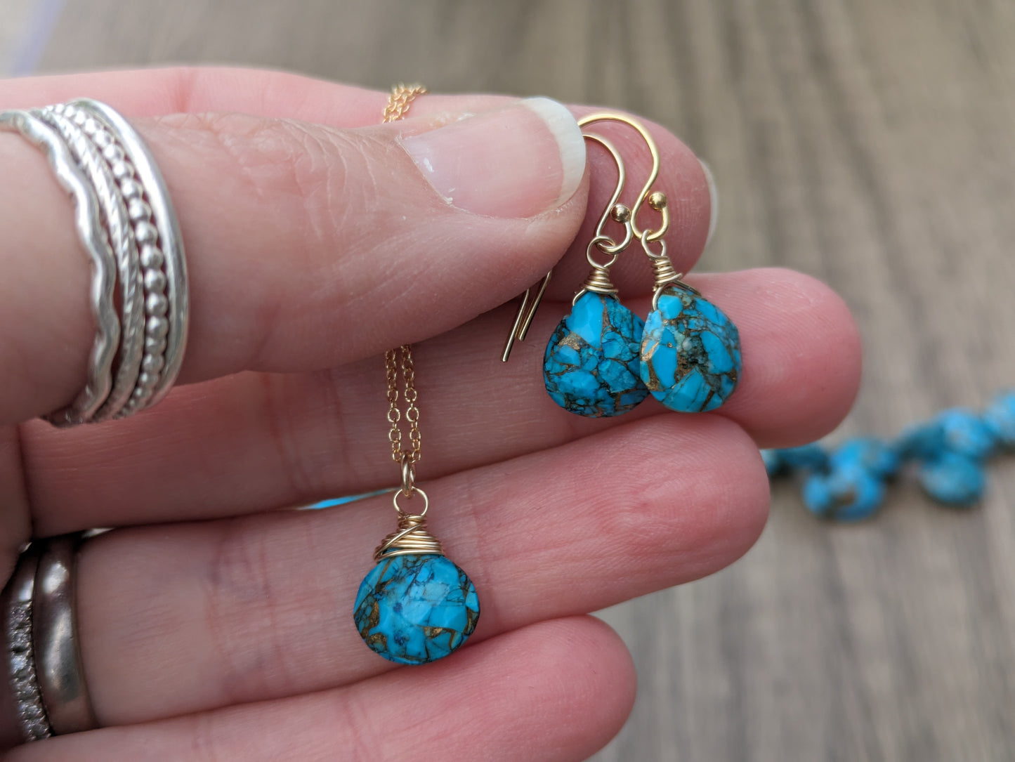 Turquoise necklace in sterling silver or gold.
