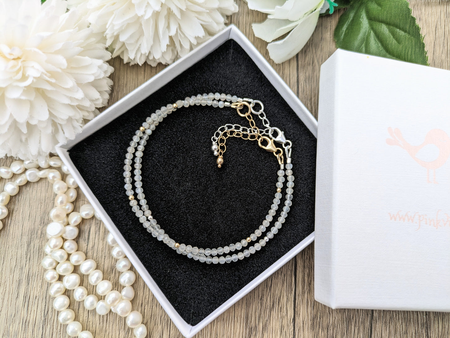 Skinny grey moonstone bracelet in silver or gold.