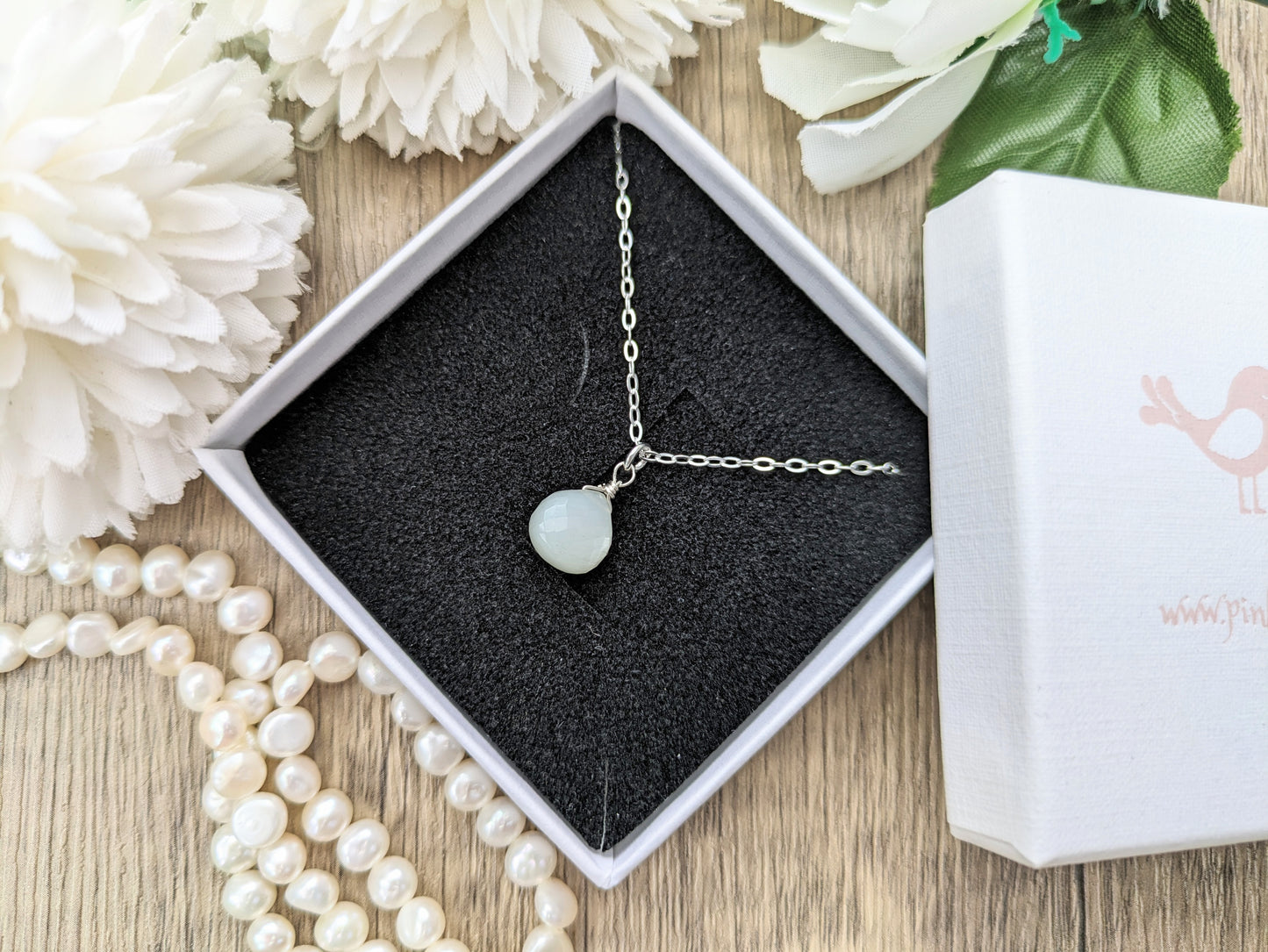 Moonstone gemstone necklace in silver or gold.