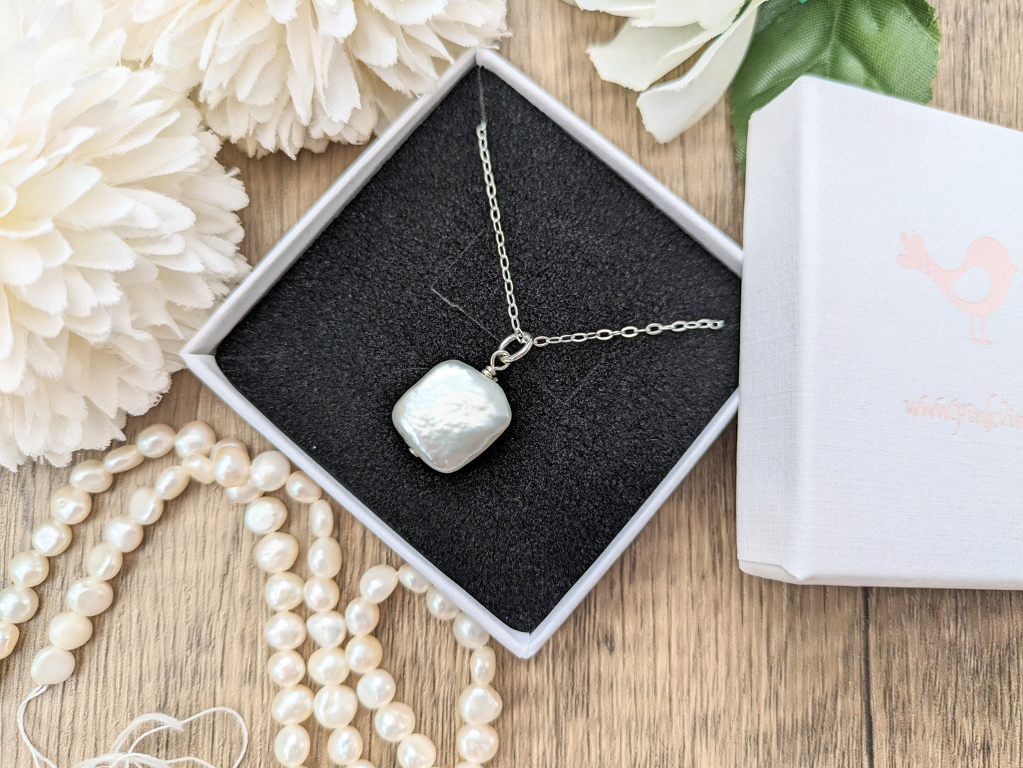 Square pearl necklace. June birthstone necklace.