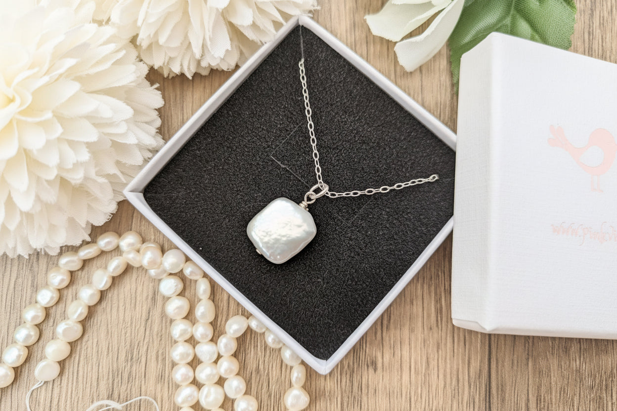Square pearl necklace. June birthstone necklace.