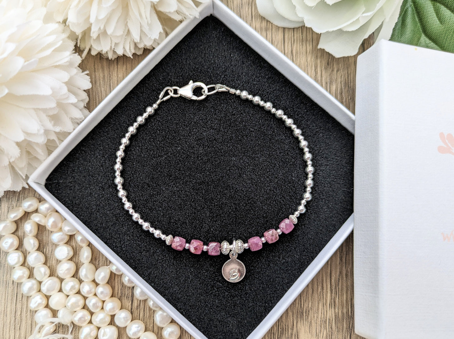 Ruby initial bracelet. July birthstone bracelet.