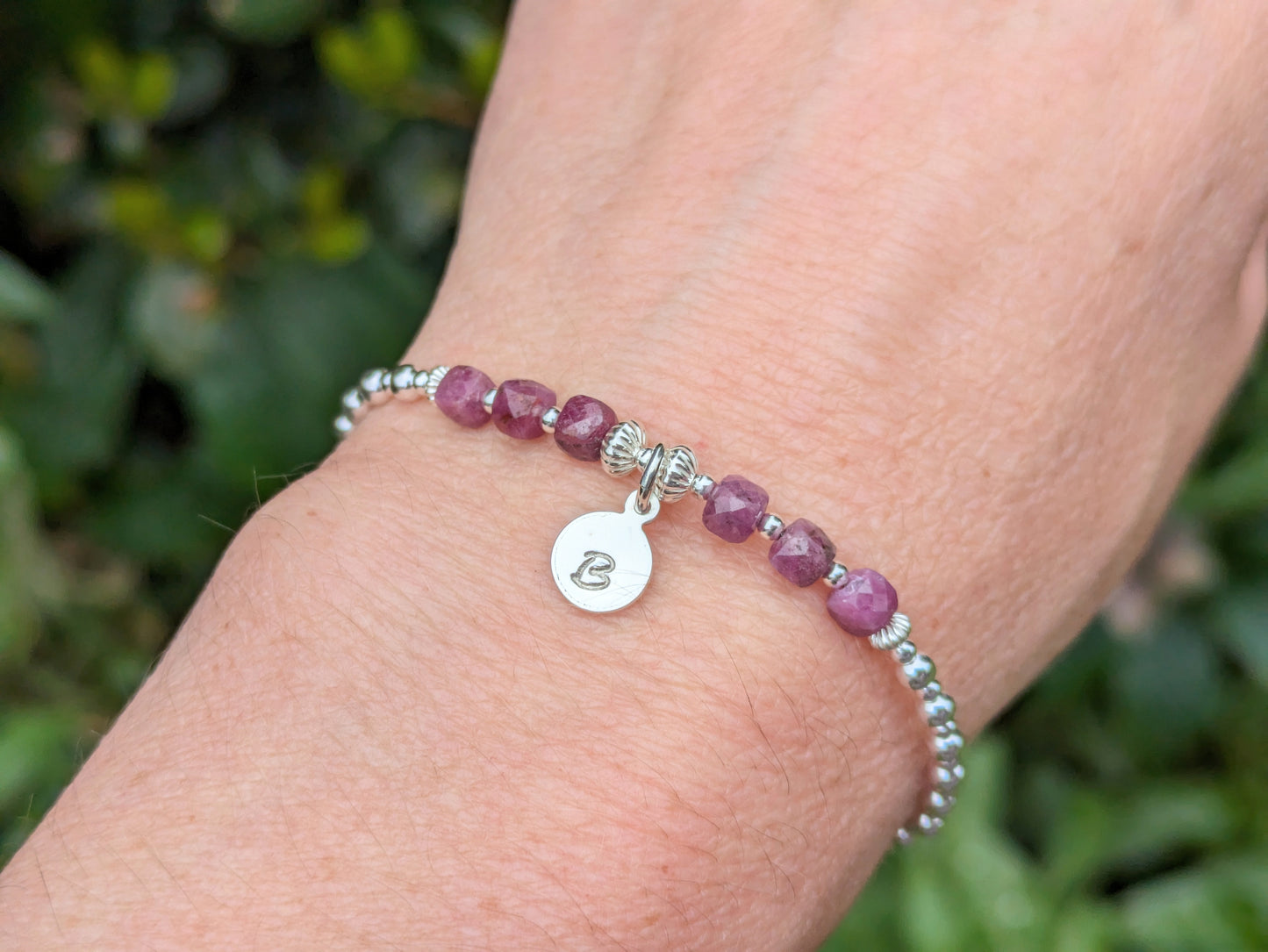 Ruby initial bracelet. July birthstone bracelet.