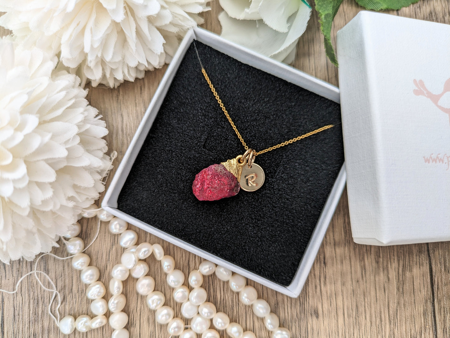 Personalised ruby necklace in gold.