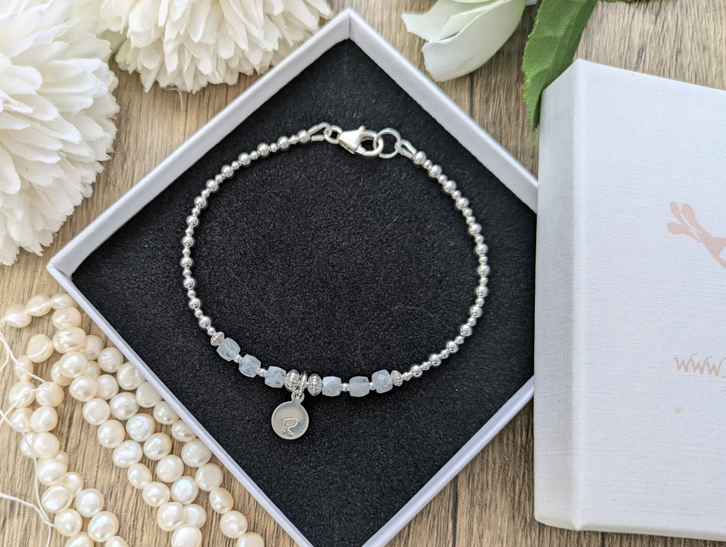 Rainbow moonstone initial bracelet.