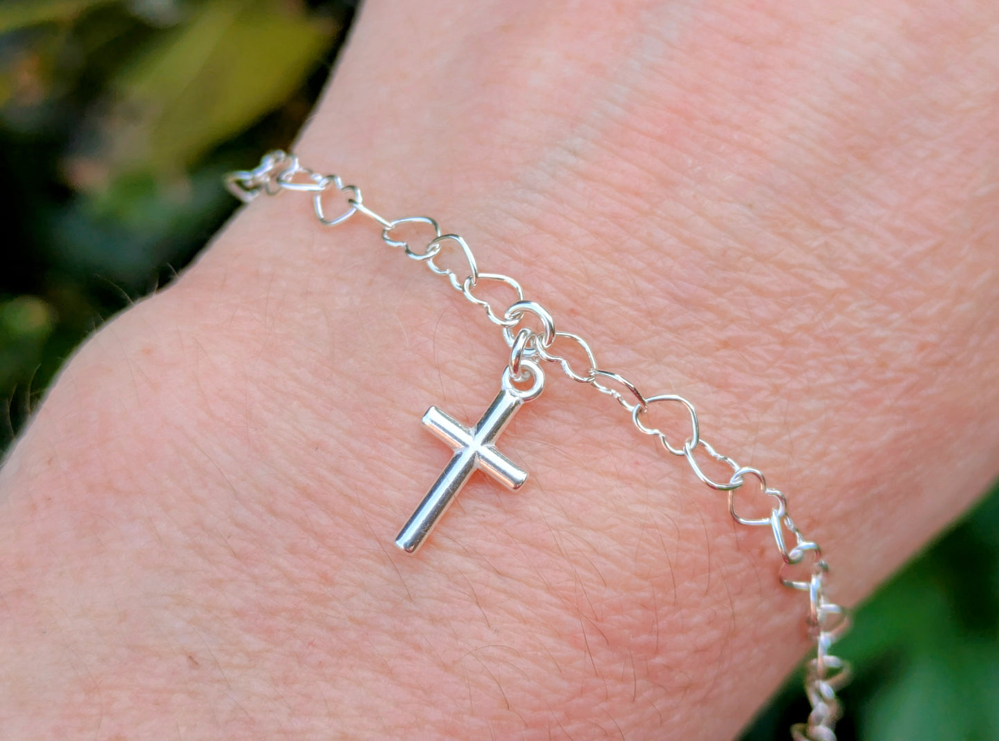 Heart chain bracelet with cross charm. Confirmation gift.
