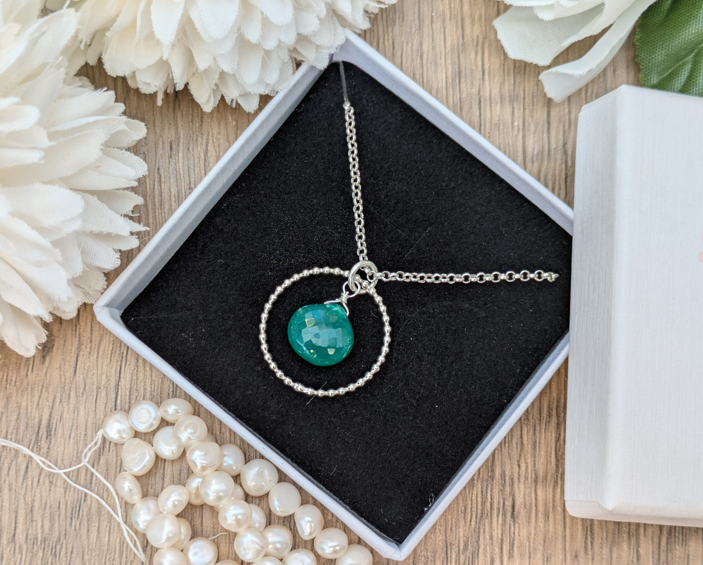 May birthstone necklace. Green onyx pendant necklace.