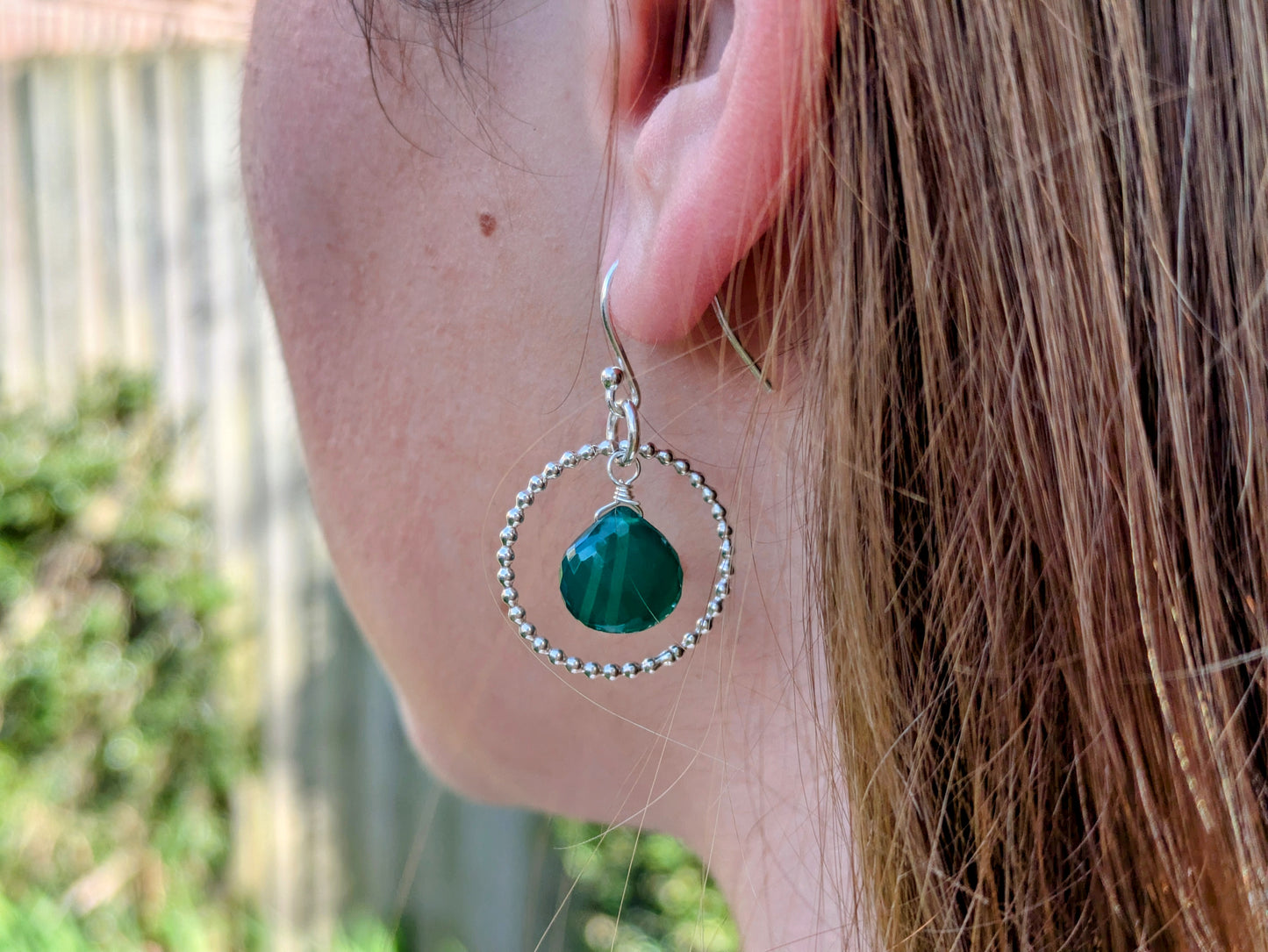 Green onyx May birthstone earrings.