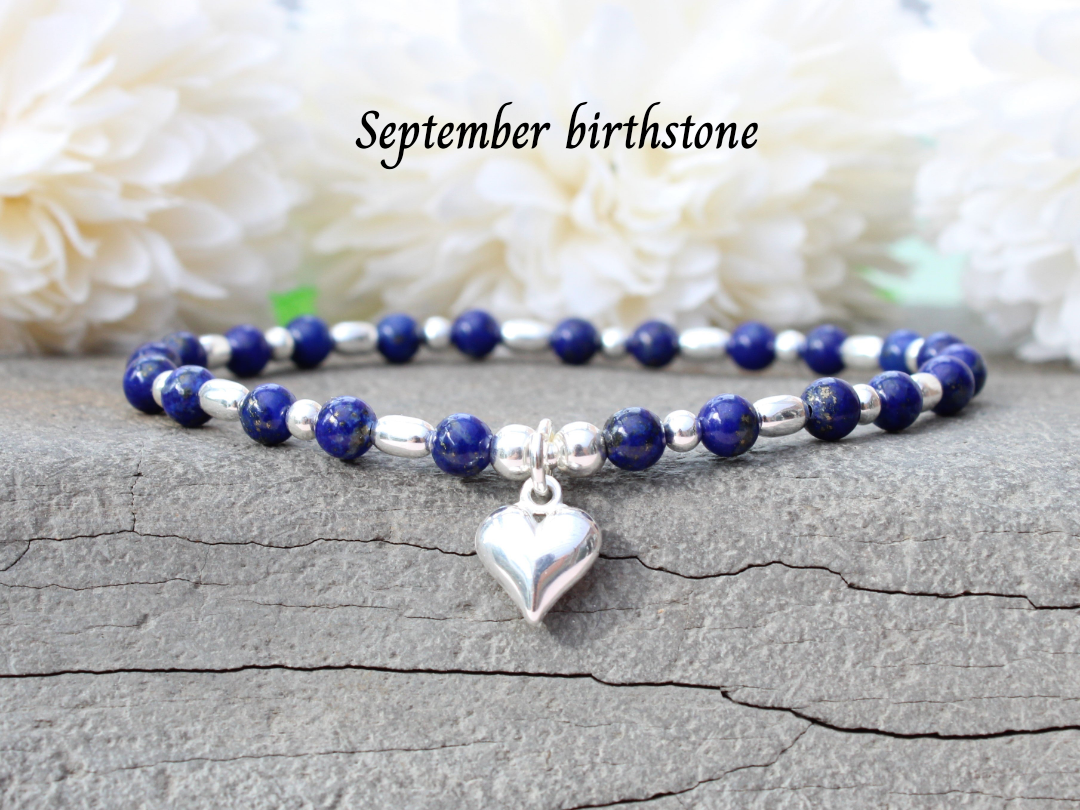 Sterling silver and lapis lazuli stretch bracelet. September birthday bracelet.