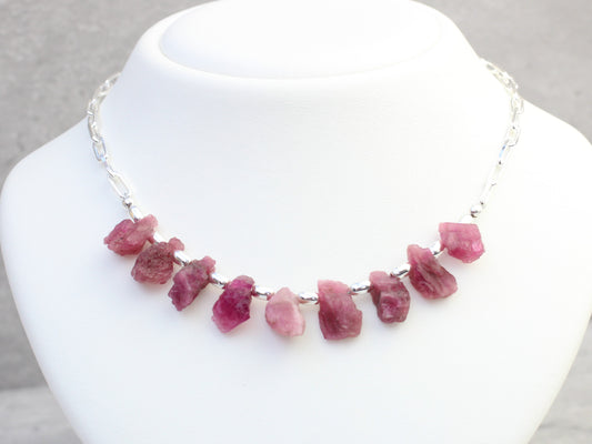 Raw pink tourmaline necklace. October birthstone necklace.