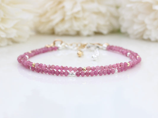 Skinny pink tourmaline bracelet in sterling silver or gold filled. October birthstone bracelet.