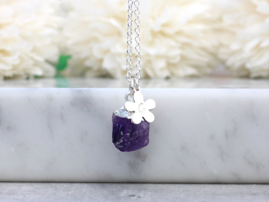 Amethyst initial necklace in sterling silver.