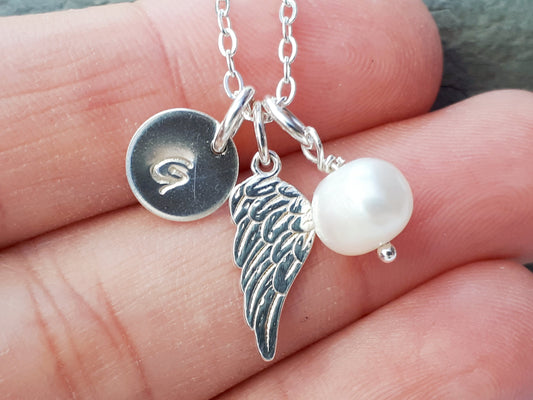 angel wing necklace with freshwater pearl and initial