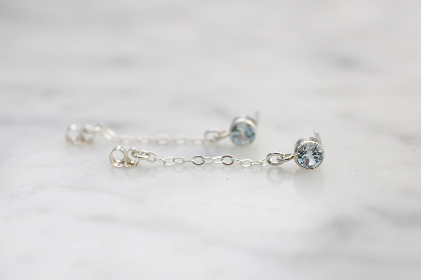 Blue Topaz Chain Earrings | Sterling Silver Gemstone Studs