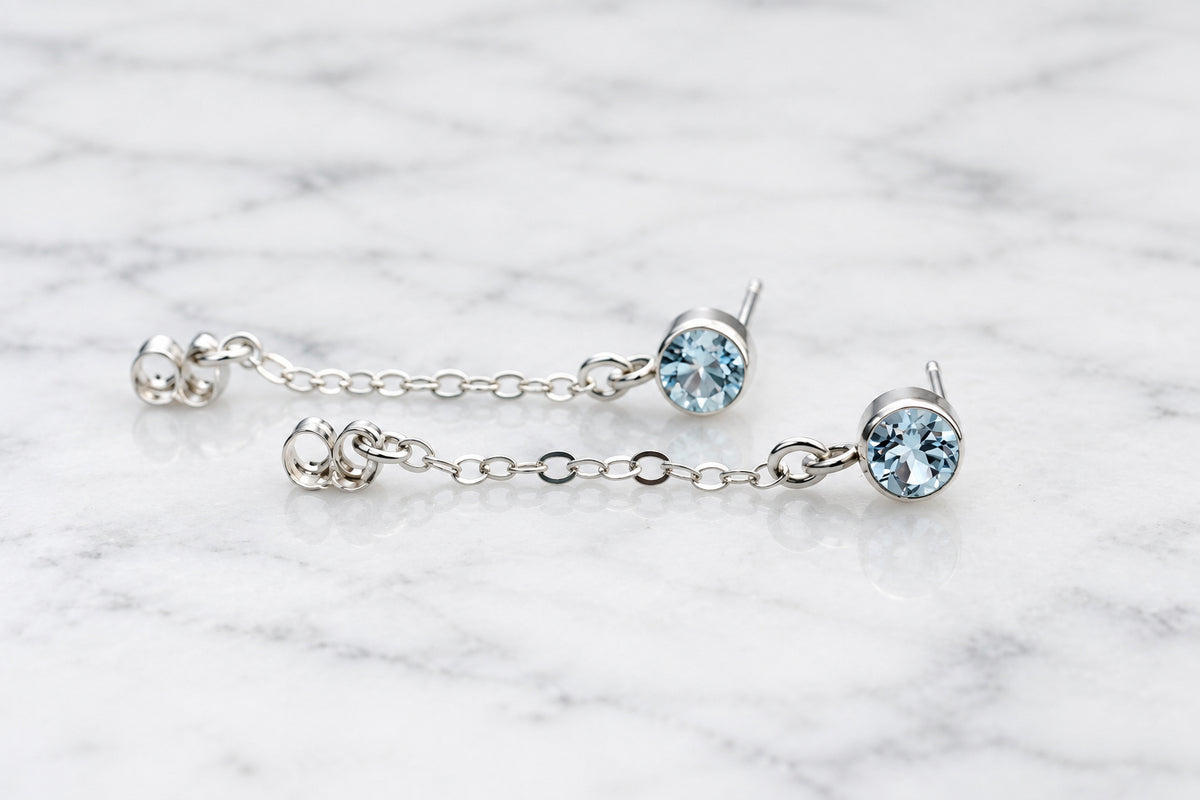 Blue Topaz Chain Earrings | Sterling Silver Gemstone Studs