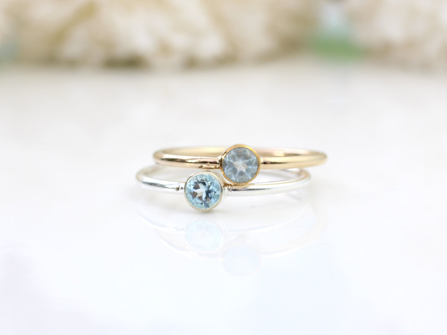 Aquamarine ring in silver or gold. March birthstone ring.
