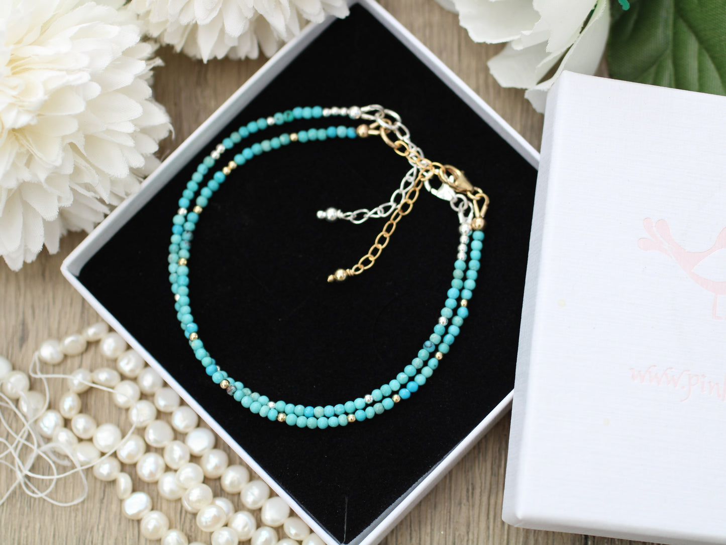 Skinny turquoise bracelet in sterling silver or gold.