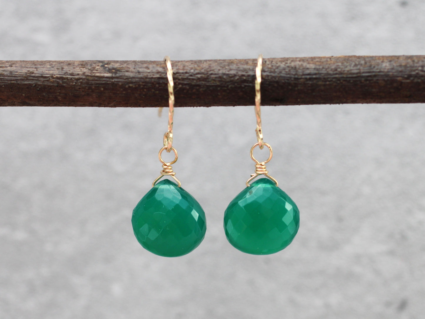 9ct gold May birthstone earrings. Green onyx earrings.