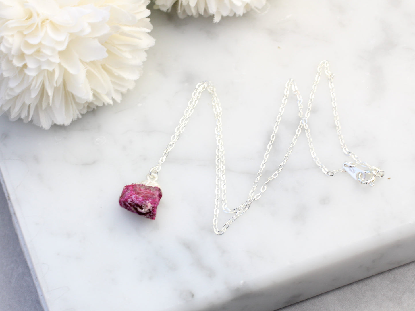 Raw ruby necklace in silver. July birthstone necklace.