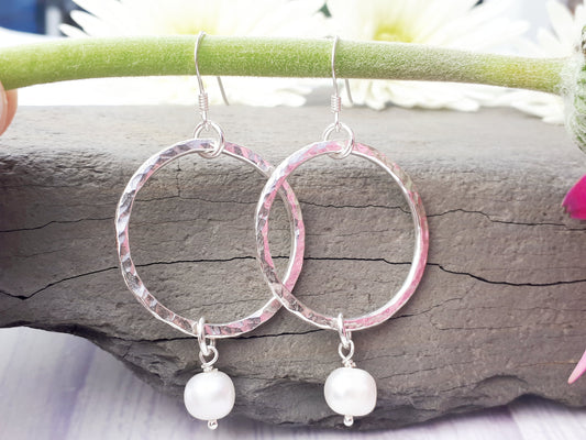 pearl hoop earrings in sterling silver