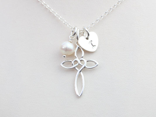 personalised cross necklace with freshwater pearl