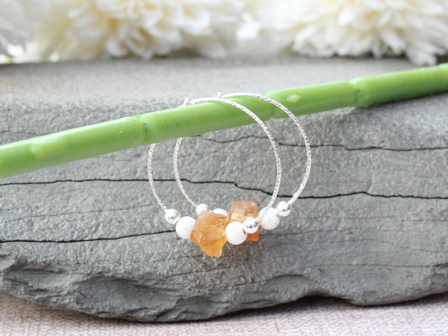 raw citrine hoop earrings in silver