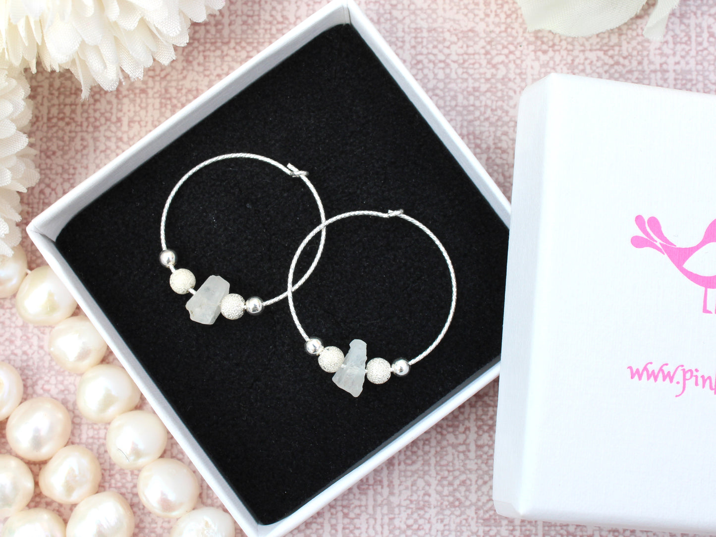 raw moonstone hoop earrings in sterling silver