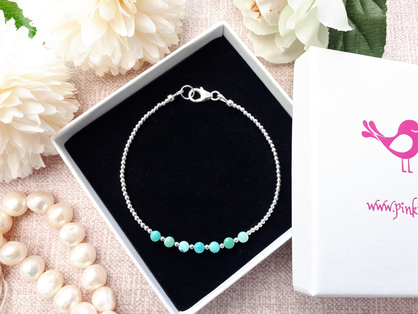 Silver turquoise bead bracelet. December birthstone.