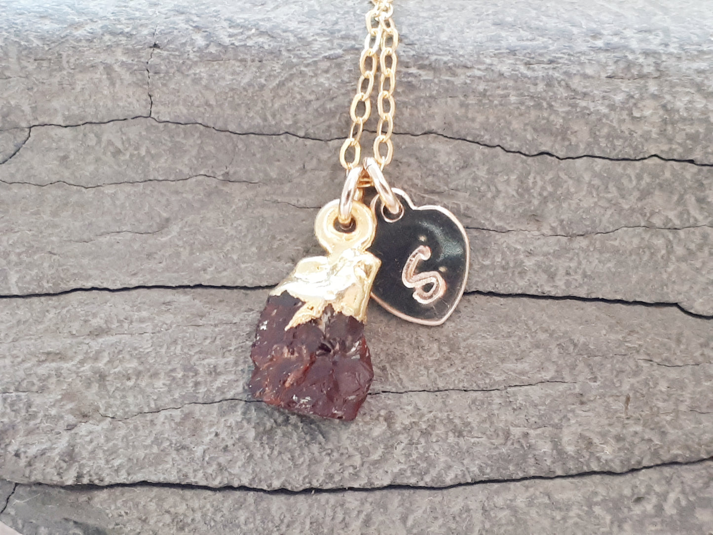 Personalised raw garnet gemstone necklace in gold.