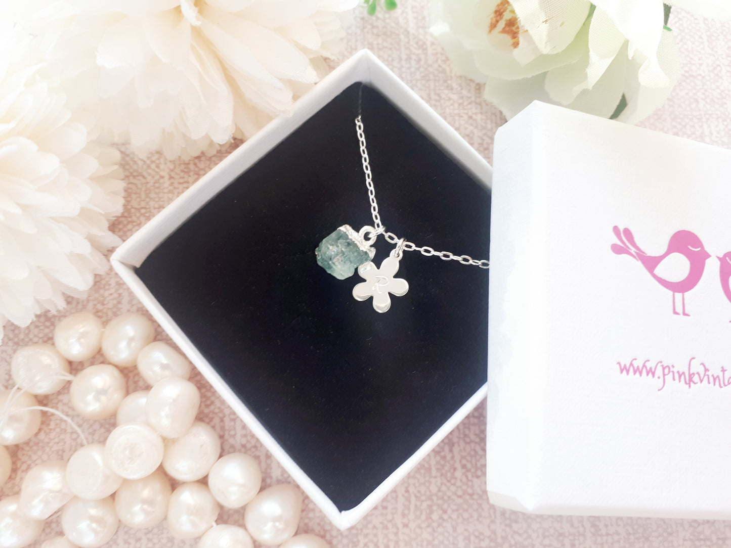 Personalised aquamarine necklace in sterling silver.