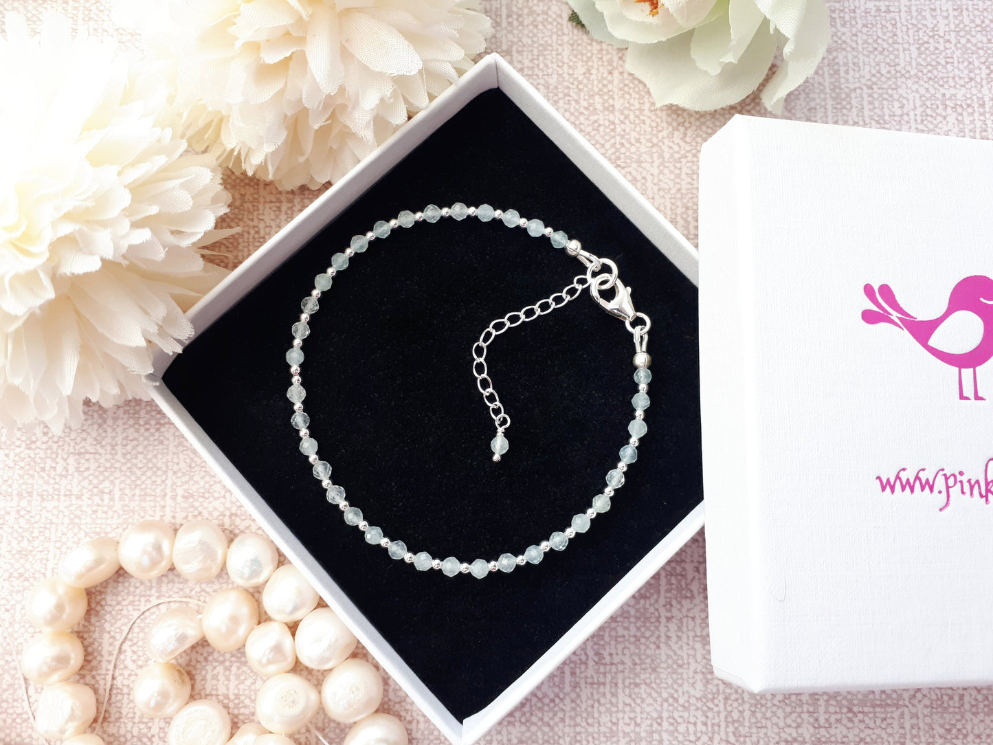 March birthstone bracelet in silver.