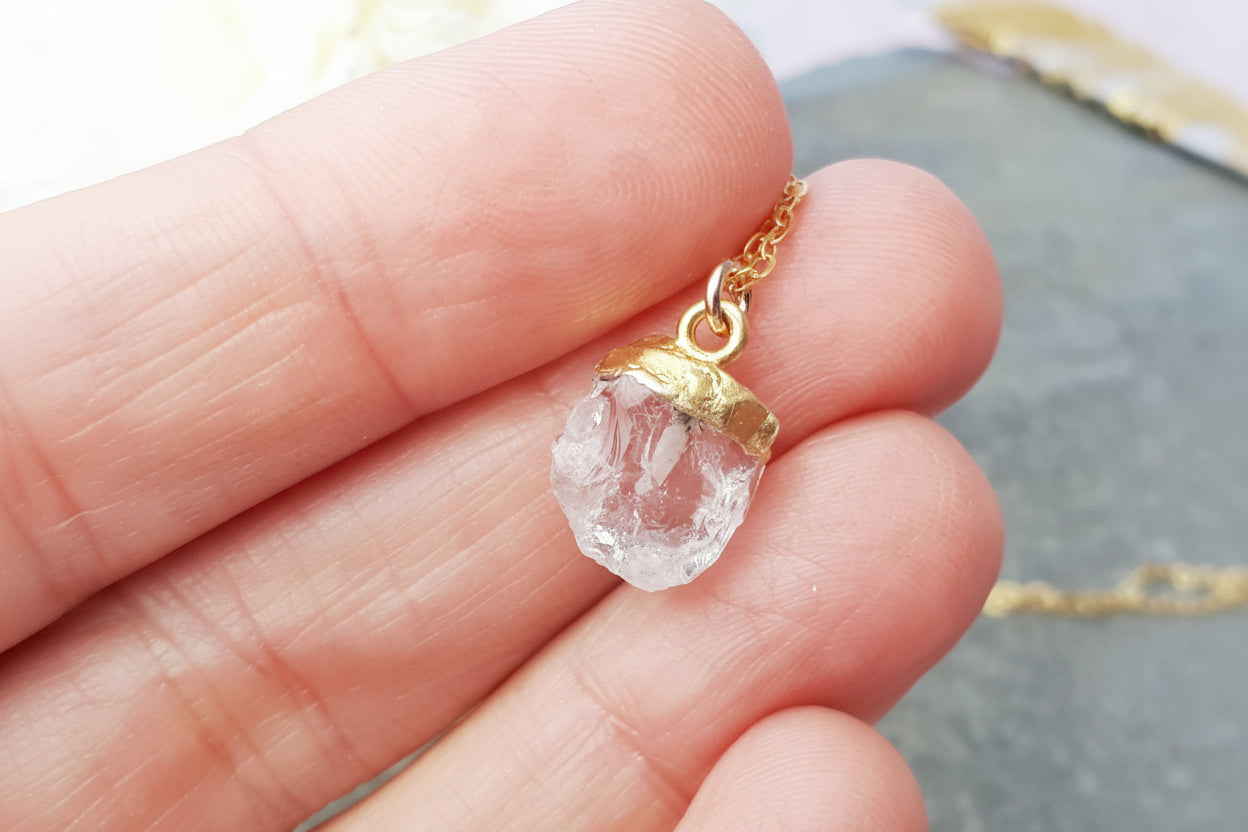 Raw Crystal Quartz Necklace – April Birthstone Gold Pendant on Gold Filled Chain