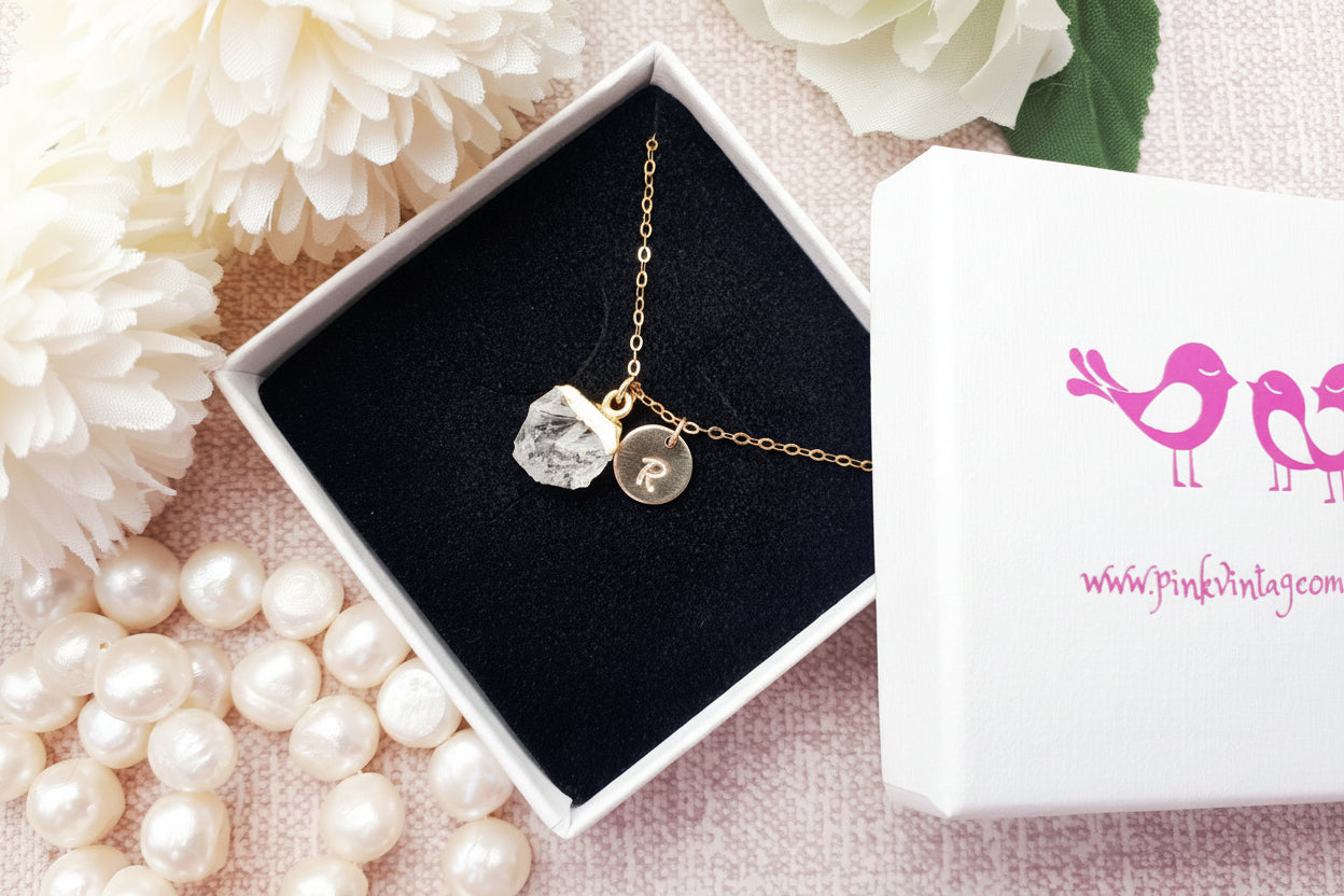Raw Crystal Quartz Necklace – Personalised April Birthstone Gold Pendant with Initial Disc