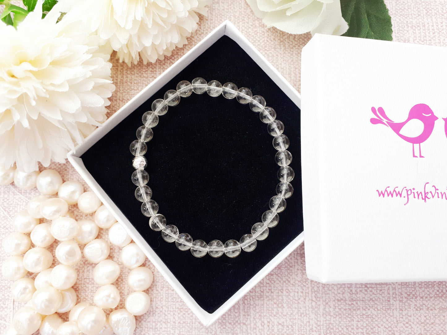 Crystal Quartz Bracelet – April Birthstone Bead Bracelet with Sterling Silver Accent