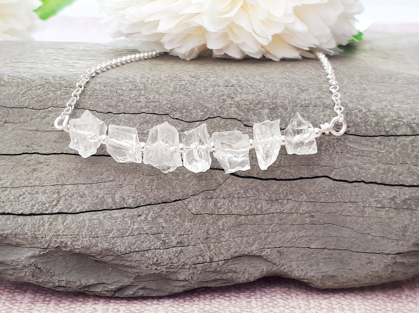 April birthstone necklace. Quartz necklace in silver.