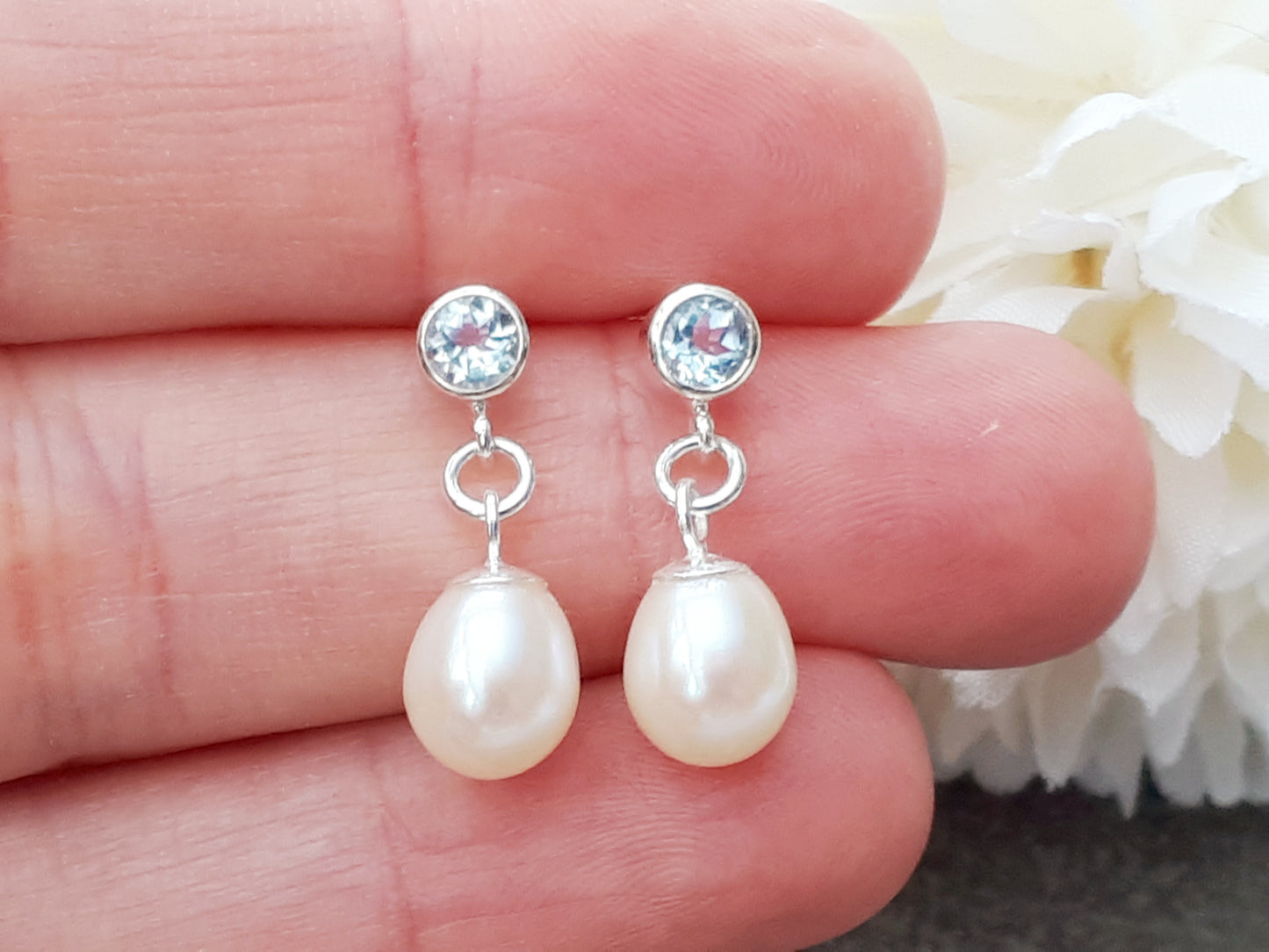 Bridal Aquamarine & Freshwater Pearl Drop Earrings