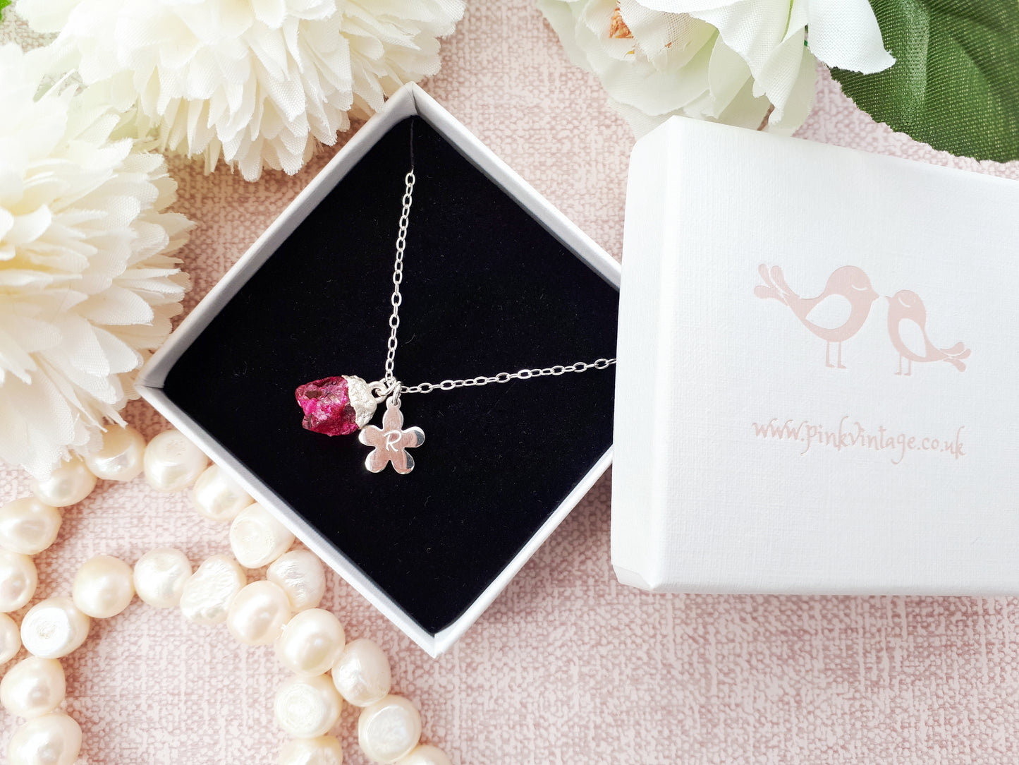 Personalised ruby necklace in sterling silver.