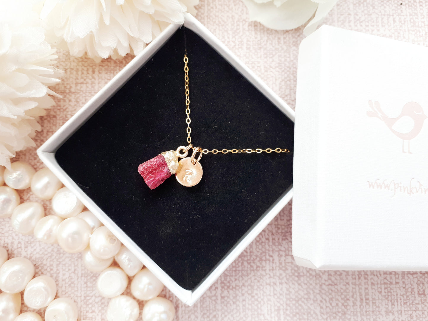 Personalised ruby necklace in gold.