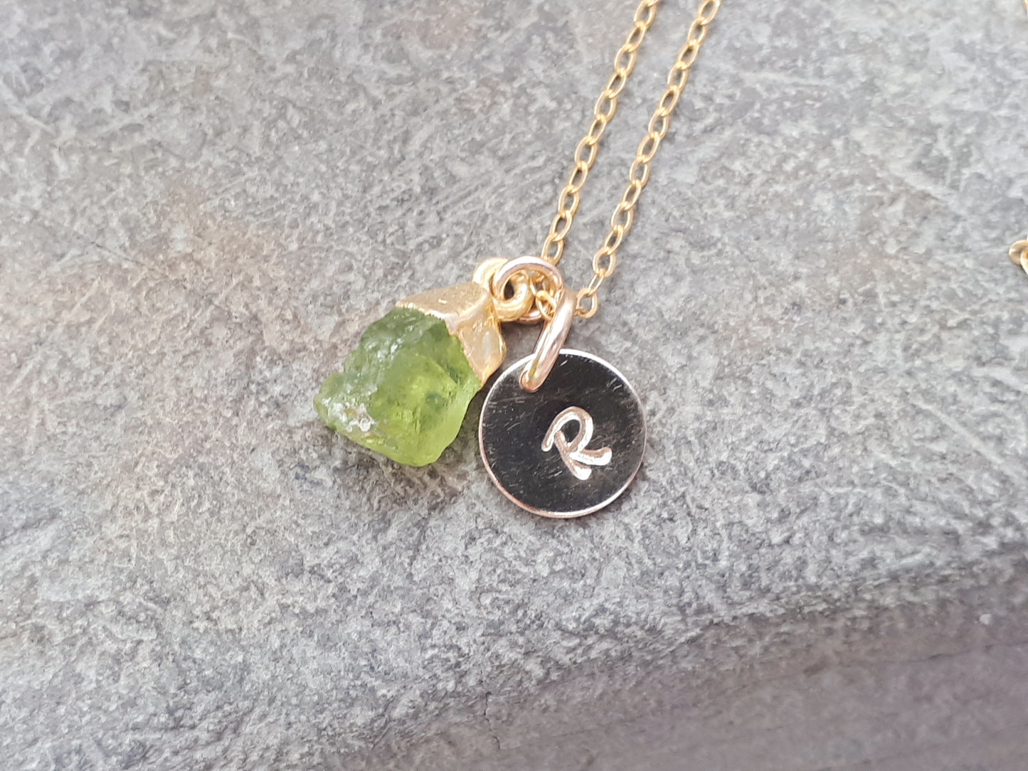 Personalised peridot necklace in gold.