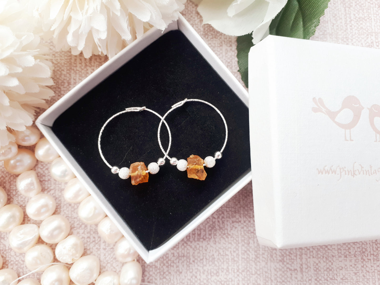 Raw citrine hoop earrings in silver. November birthstone.