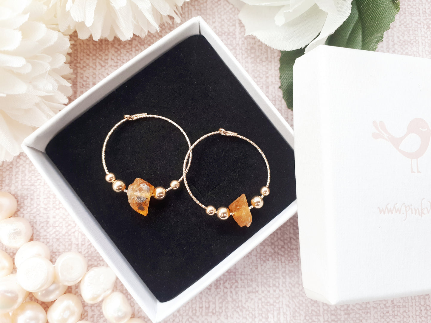 Raw citrine hoop earrings in gold. November birthstone.