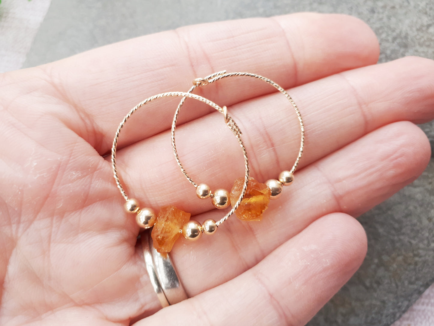 Raw citrine hoop earrings in gold. November birthstone.