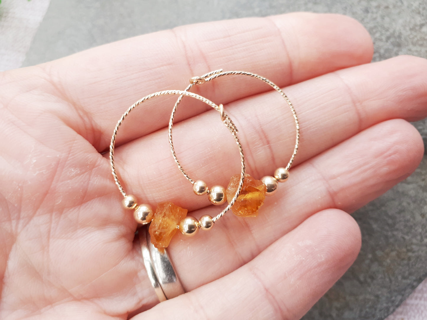 Raw citrine hoop earrings in gold filled sterling silver. November birthstone earrings.