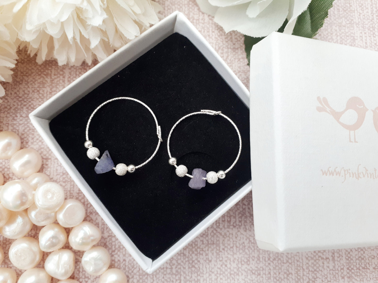 Raw tanzanite hoop earrings. December birthstone earrings.