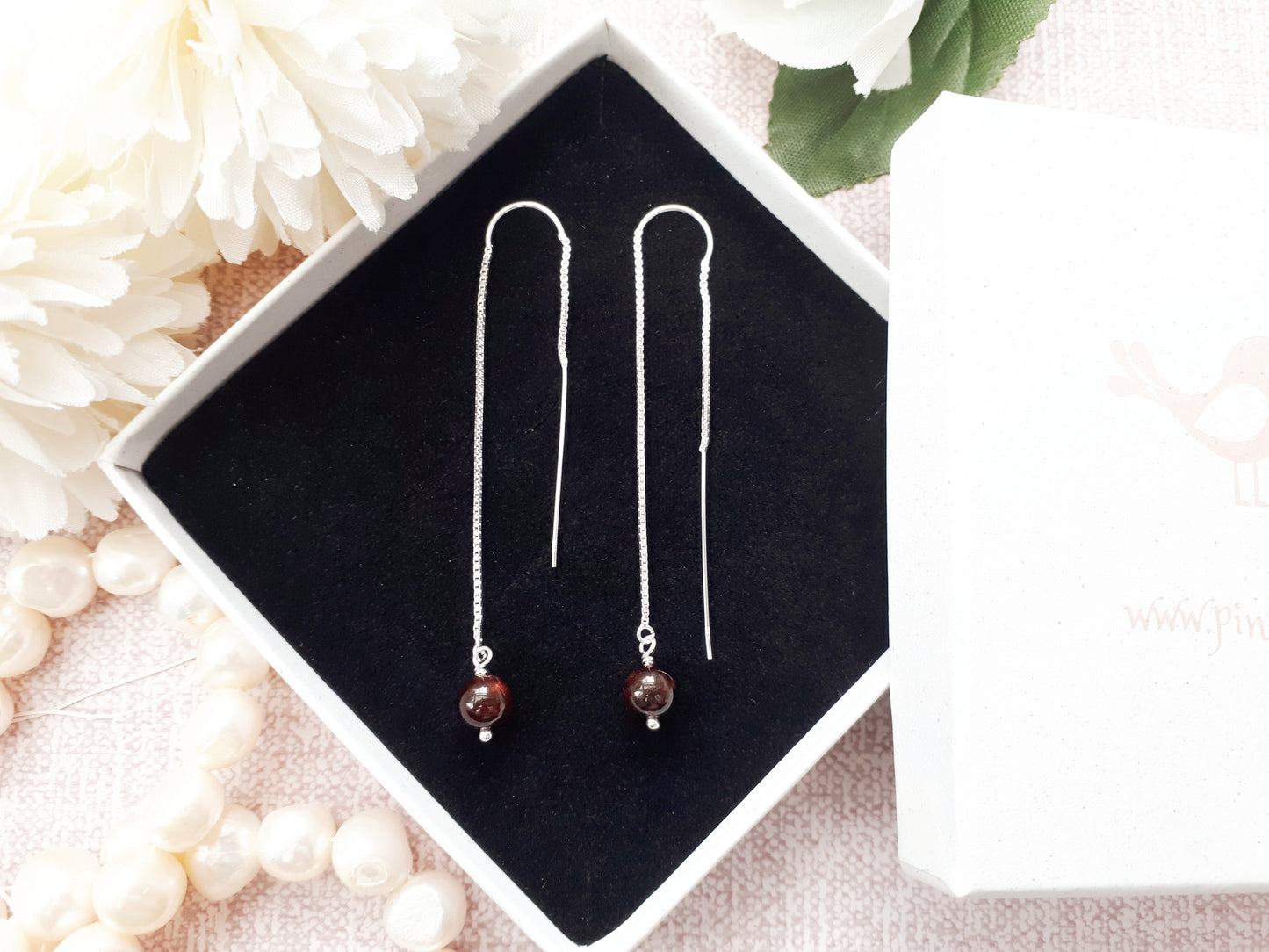 January birthstone earrings. Garnet threader earrings.