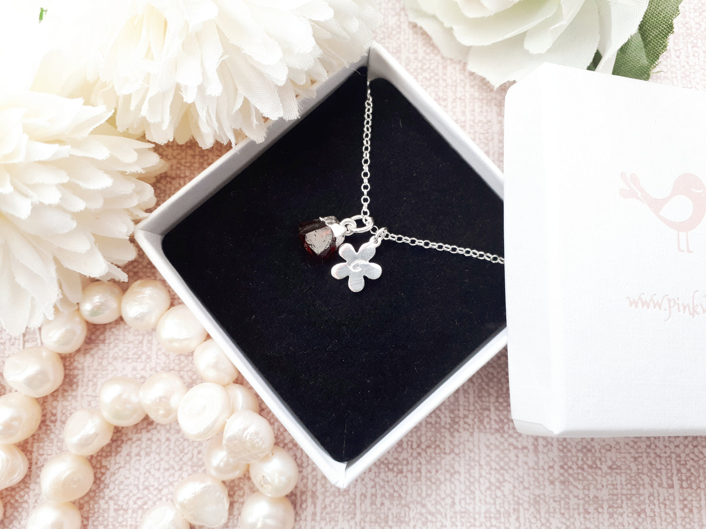 Personalised raw garnet necklace in sterling silver.